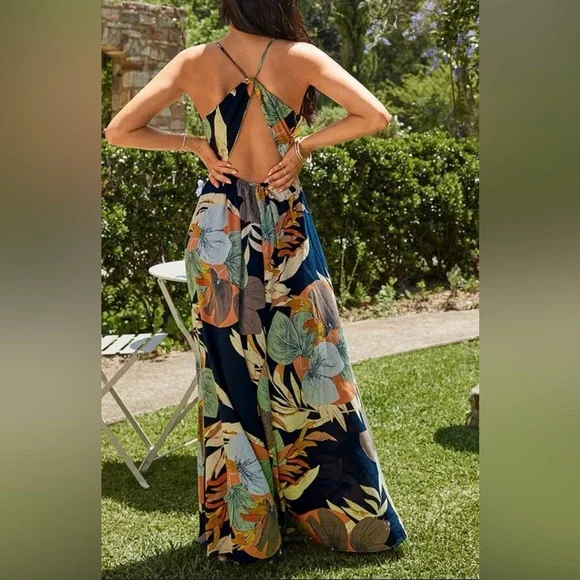 Tropical Print Navy Open Back Thigh Slit Maxi Dress Size Large - Picture 3 of 8